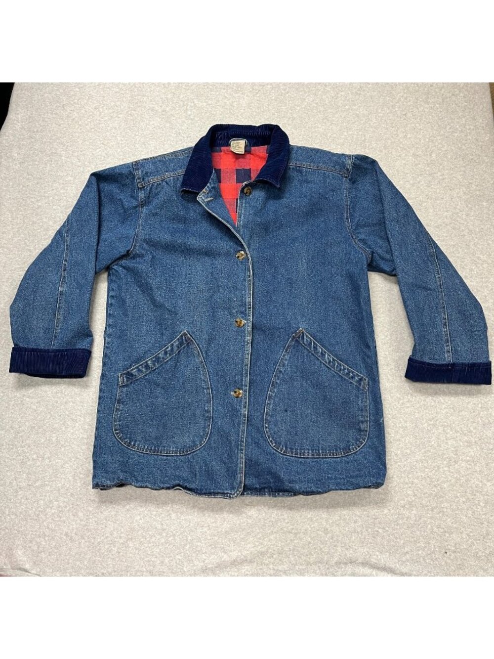 Vintage Denim Chore Barn Jacket Blue Size L Plaid Lined Corduroy Collar Womens